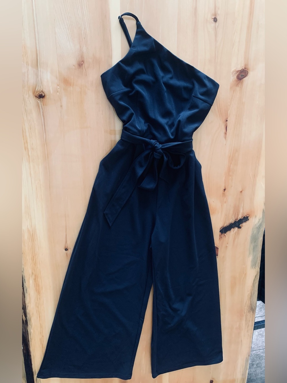 Black One-Shoulder Wide-Leg Jumpsuit with Tie Waist